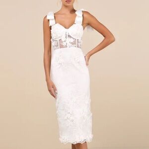Lulu's White Lace Midi Dress with Bow Straps